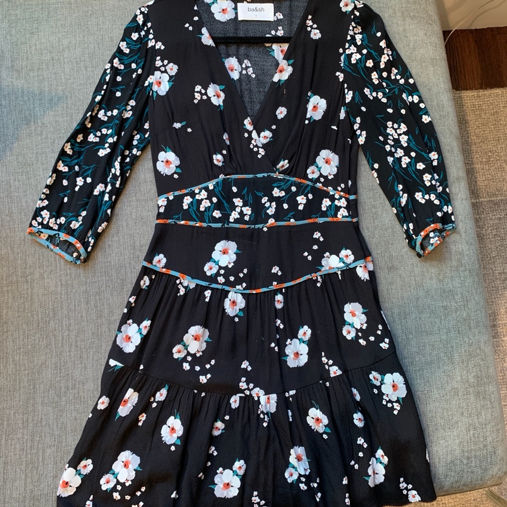 ba&sh Black Floral Long Sleeve Dress with White & Teal Flowers